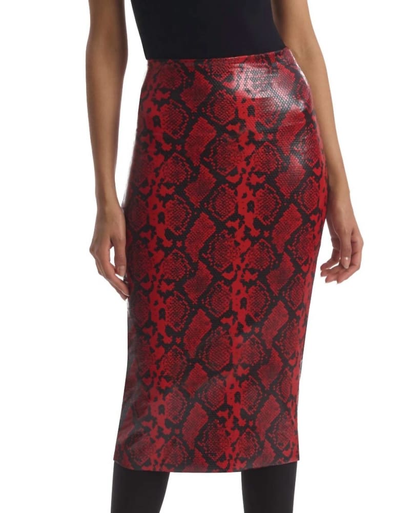 Front of a model wearing a size XL Faux Leather Animal Midi Skirt in Red Snake in Red Snake by Commando. | dia_product_style_image_id:339042